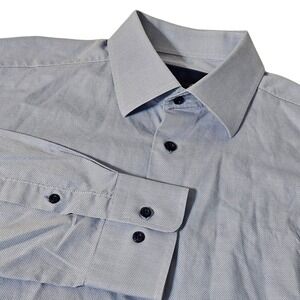 David Donahue Mens Blue Trim Micro Dot Pattern Dress Shirt Size 17 34/35 Cotton
